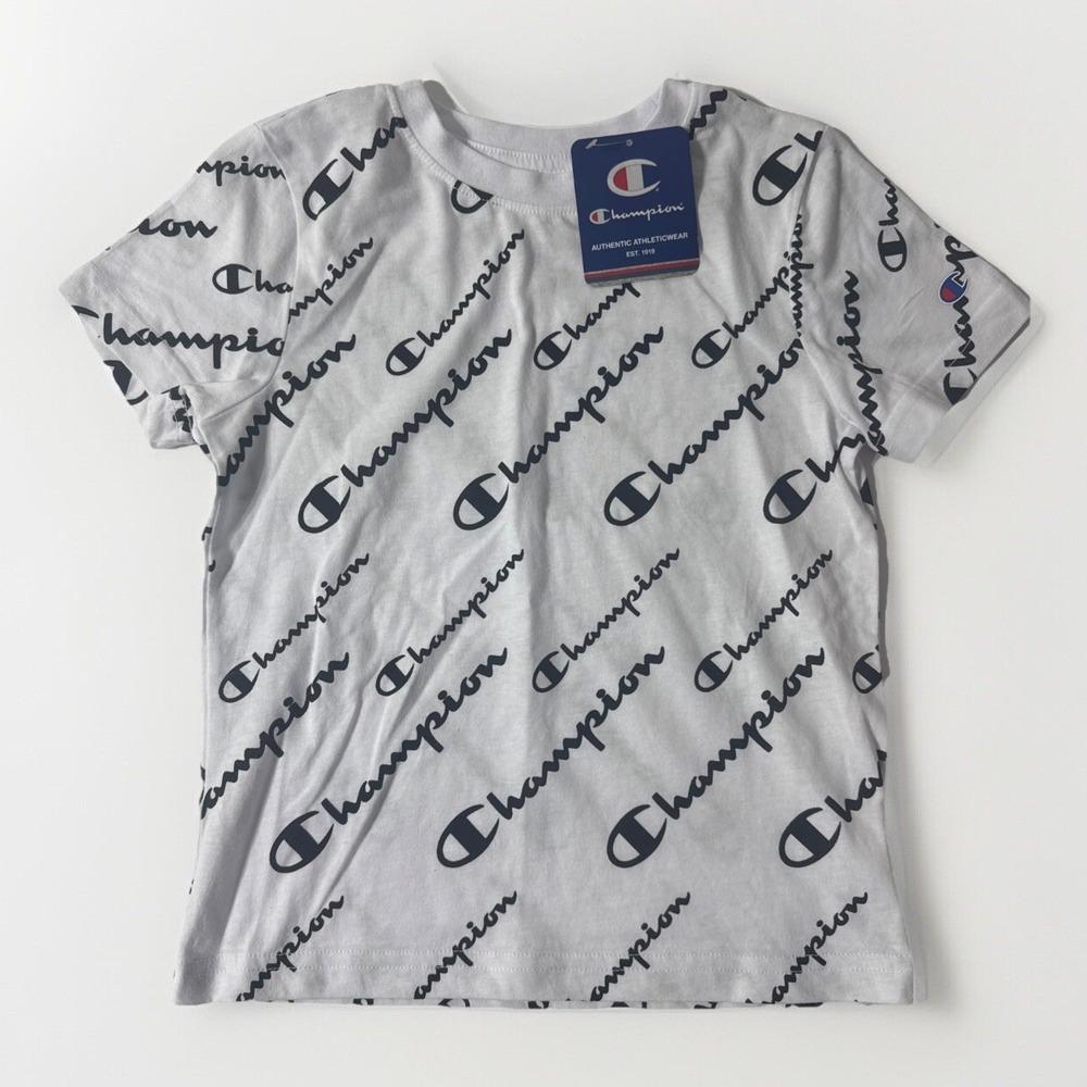 Champion Logo‎ Allover Boys Size 5 White W/black Letters SS T Shirt Lightweight